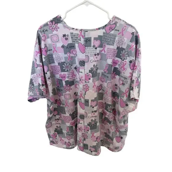 Scrub HQ 2 XL Scrub Top Cancer pinks short sleeve 28" pit to pit v-neck 3 pocket - Picture 1 of 10